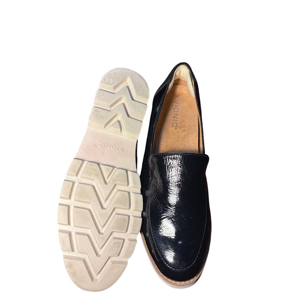 Vionic Womens Black Patent Leather Suede Heel Lug Sole Platform Loafers Size 8.5 - Picture 13 of 13